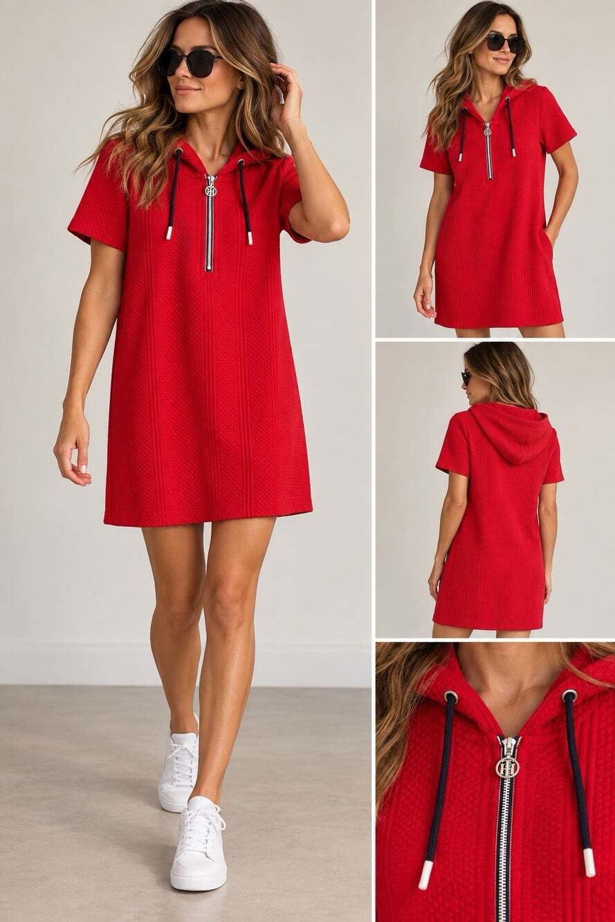Tommy Hilfiger Red Textured Hooded Shift Dress Size Medium